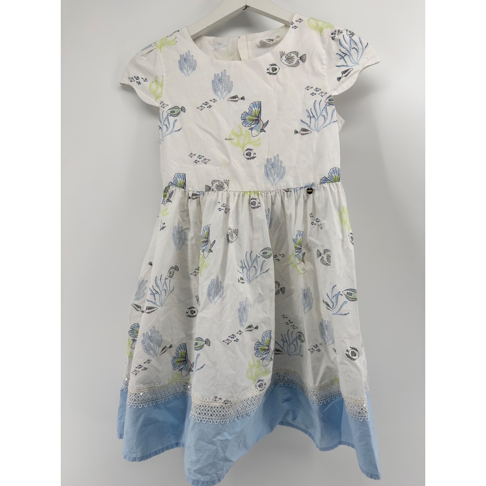 Annil Girls White Blue Fish Coral Sea Life Cotton Lace Dress